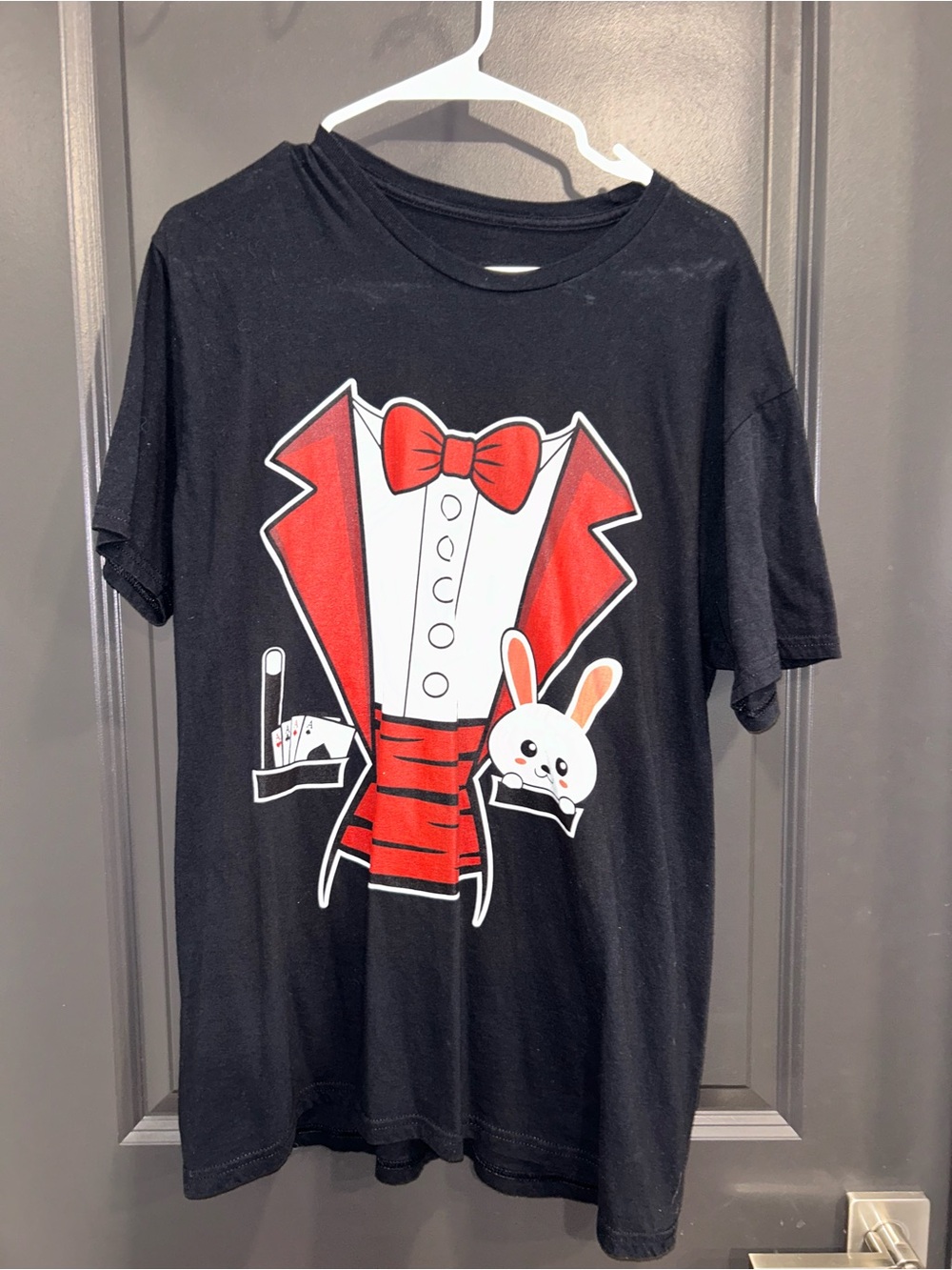 Black T-Shirt with Red Tuxedo Graphic and Bunny